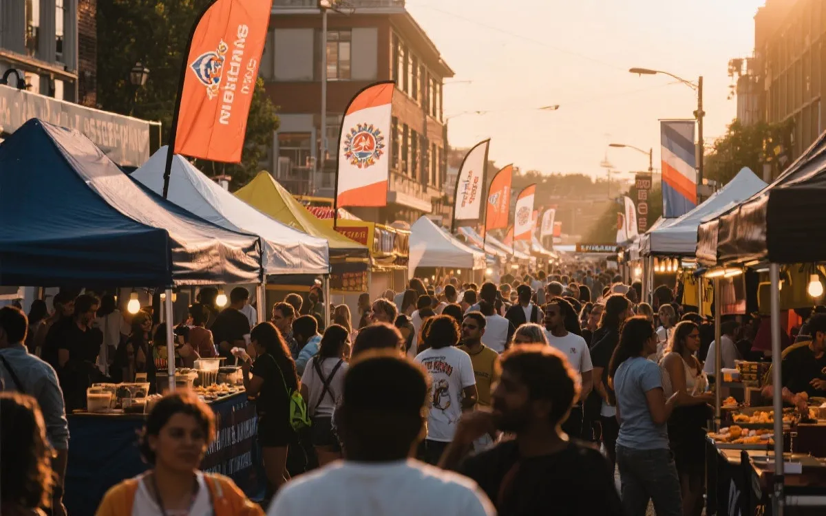 球迷在城市街区与公共观赛区的旅行氛围示意